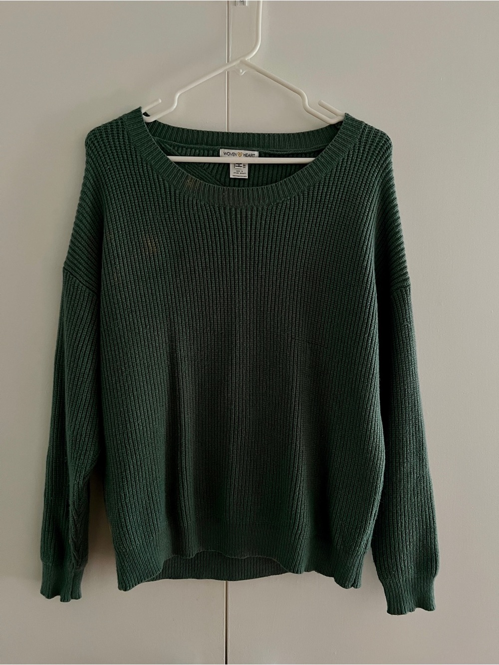woven heart teal open back knit sweater size medium, light staining
